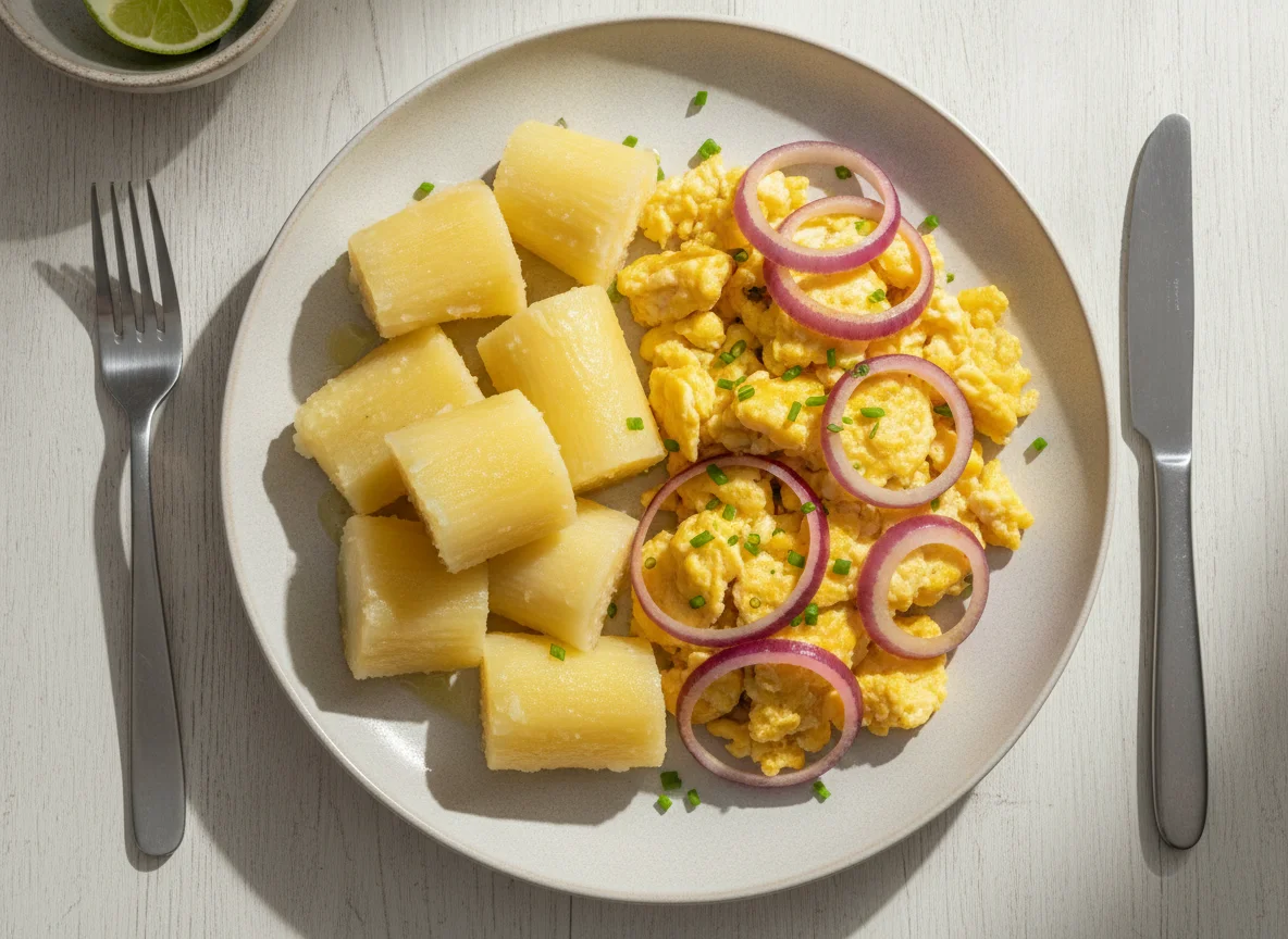 Boiled Cassava with Scrambled Eggs and Onions photo
