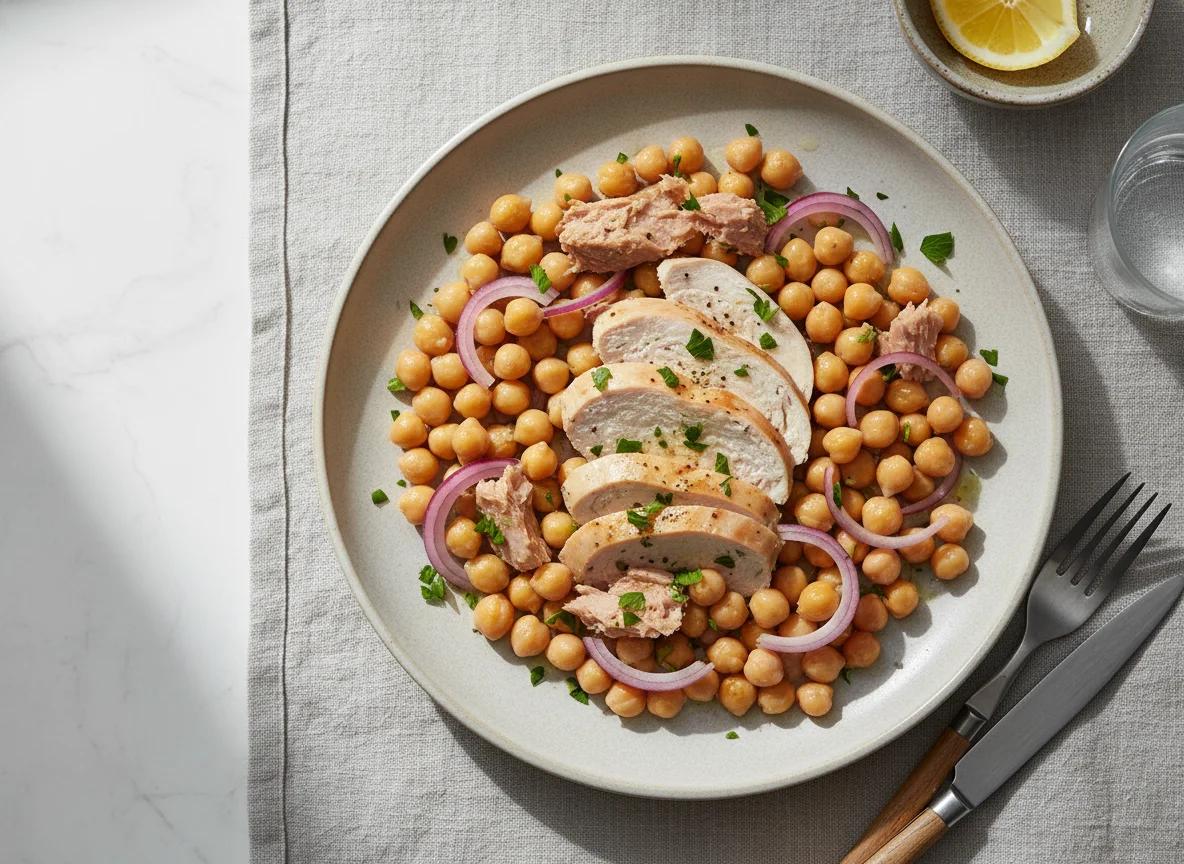 Boiled chicken breast with chickpeas and red onion photo