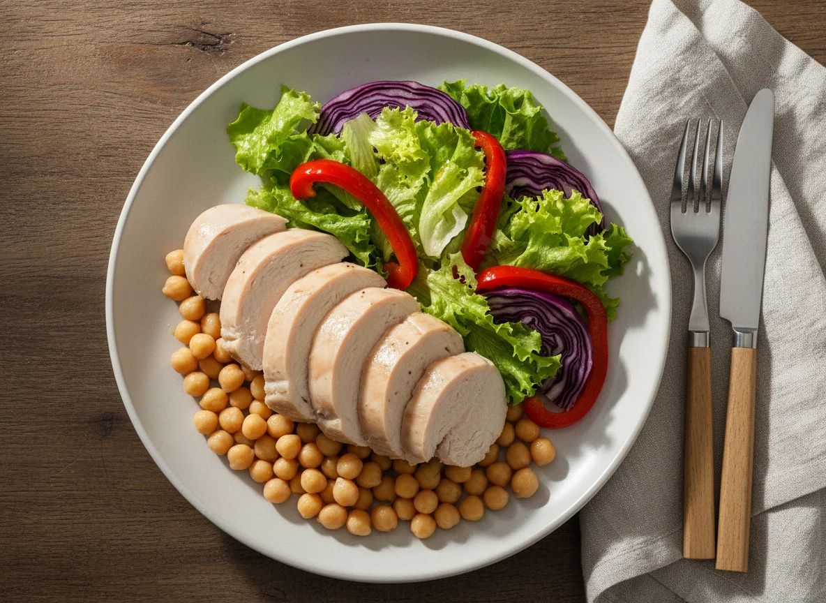 Boiled chicken breast with chickpeas and salad photo