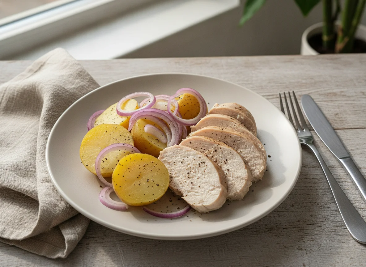 Boiled chicken breast with potatoes and onions photo