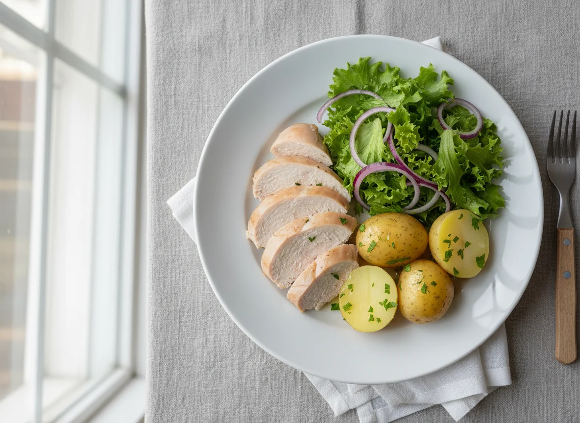 Boiled Chicken Breast with Potatoes and Salad photo