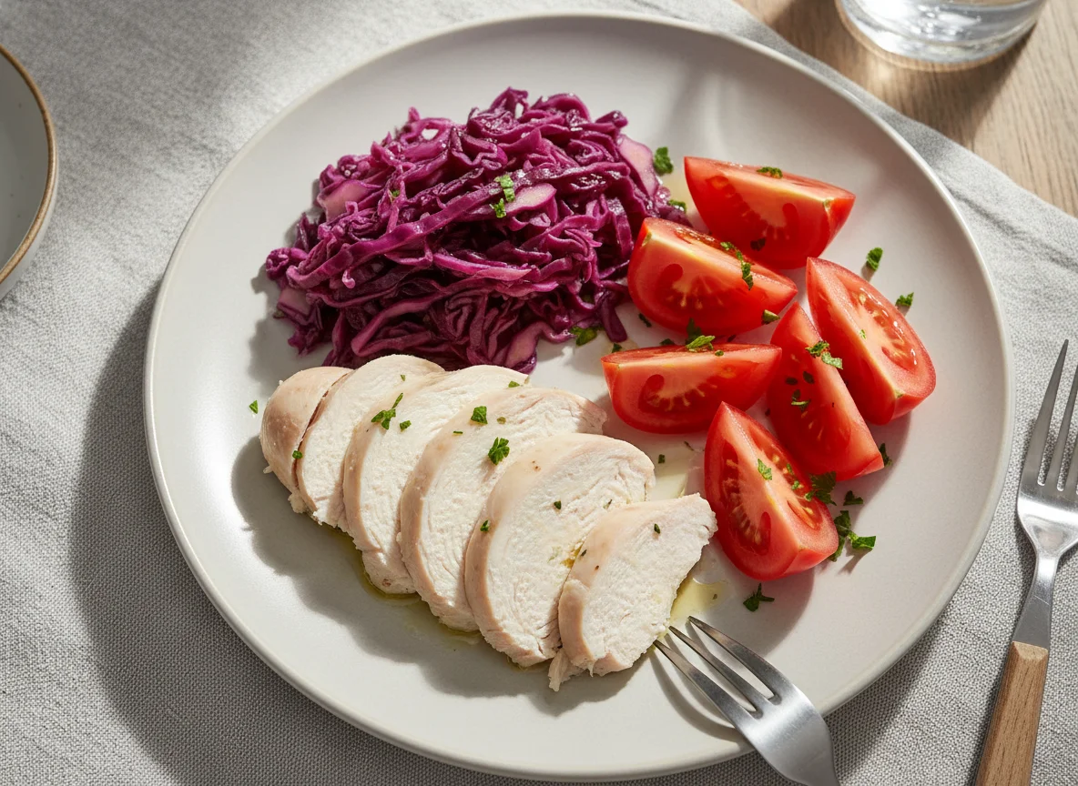 Boiled Chicken Breast with Red Cabbage and Tomatoes photo