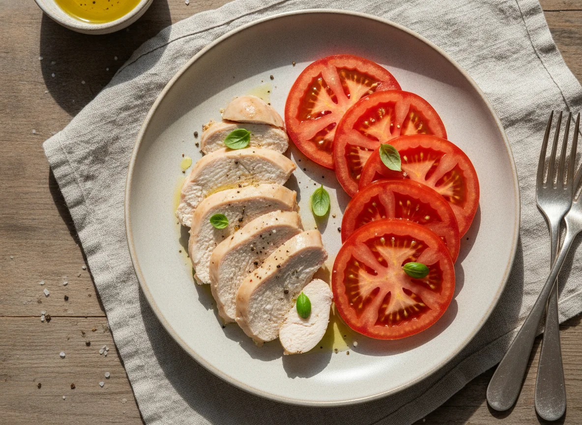 Boiled chicken breast with sliced tomatoes photo
