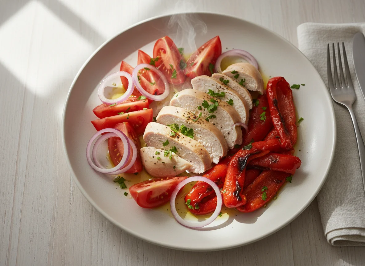 Boiled chicken breast with tomatoes, red onion and roasted peppers photo