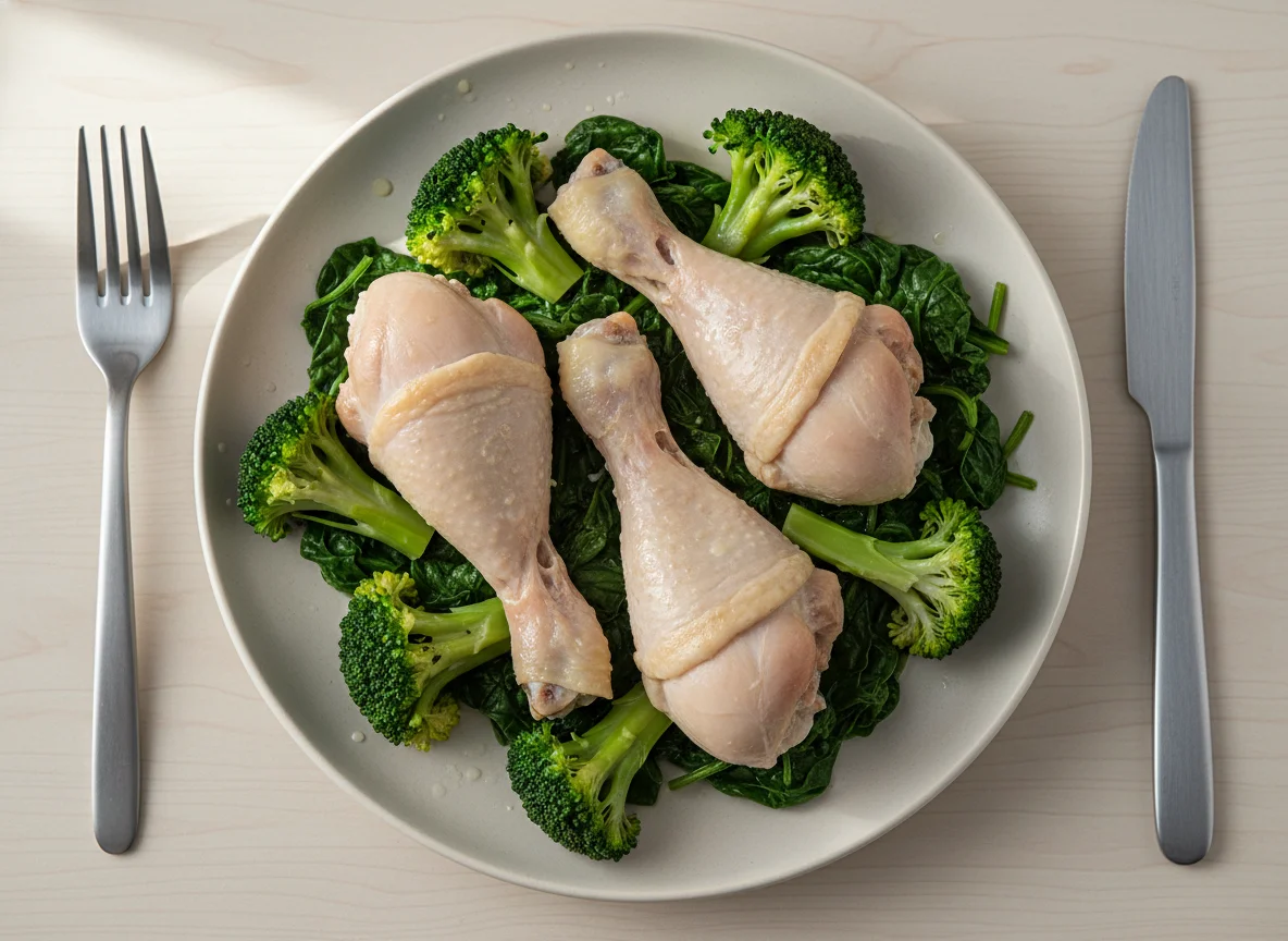 Boiled Chicken Drumsticks with Broccoli and Spinach photo