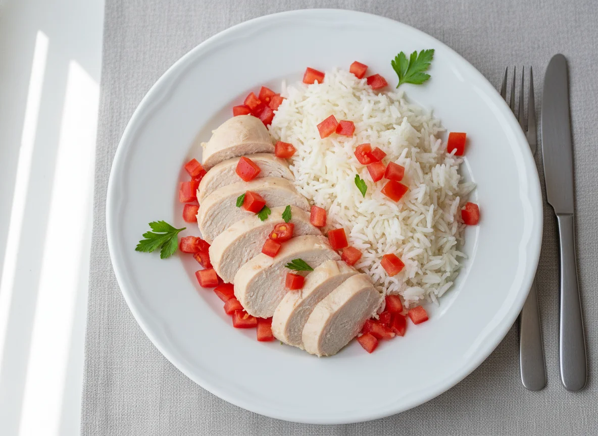 Boiled Chicken with Basmati Rice and Tomatoes photo
