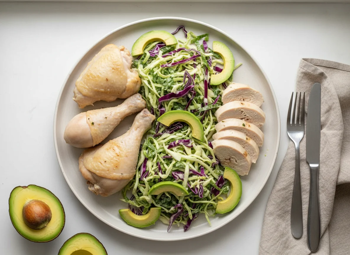 Boiled Chicken with Cabbage Salad and Avocado photo