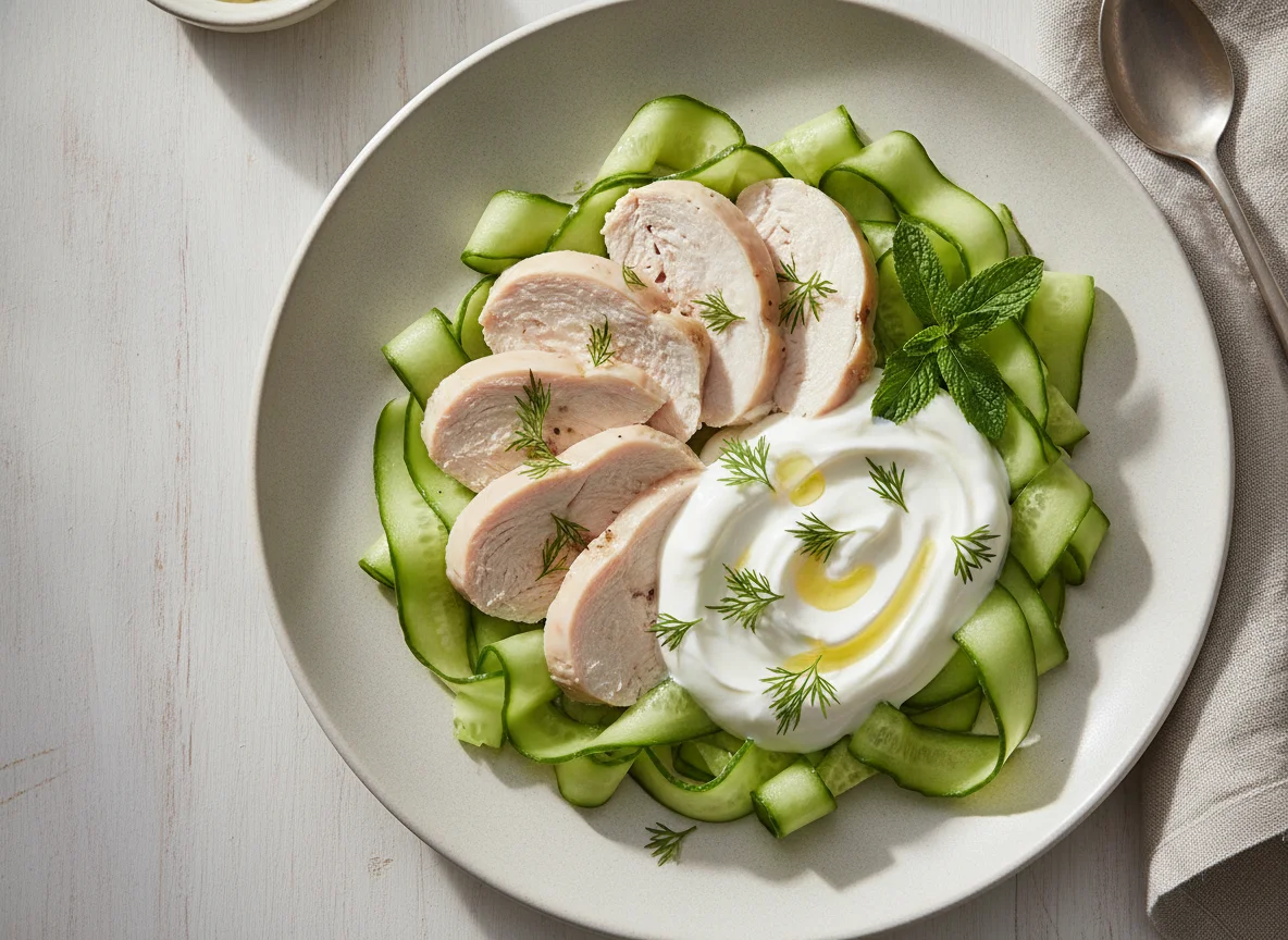 Boiled Chicken with Cucumber and Yogurt photo