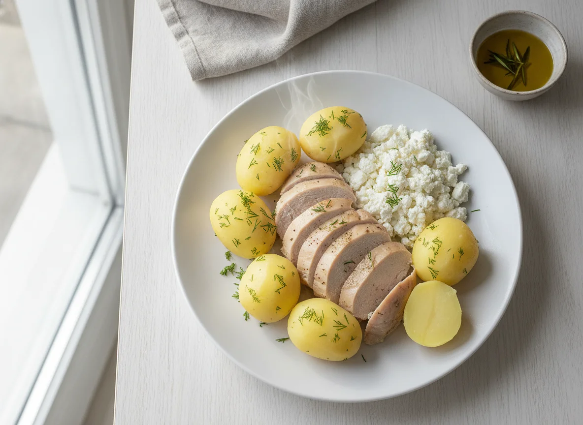 Boiled chicken with potatoes and cottage cheese photo