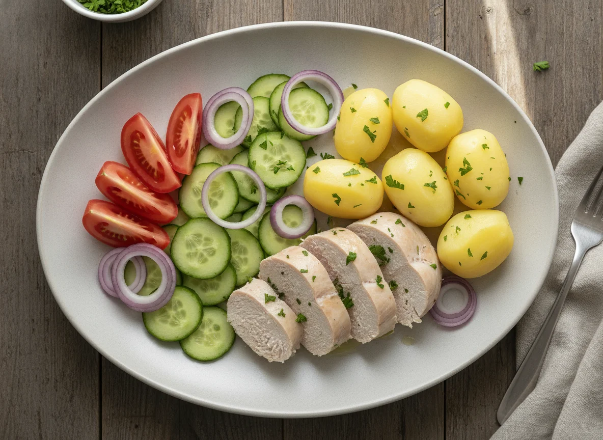 Boiled chicken with potatoes and fresh vegetables photo