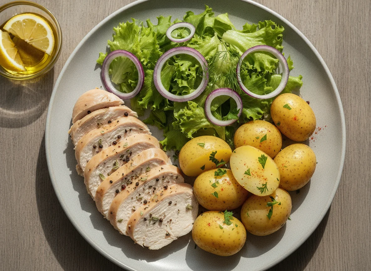 Boiled chicken with potatoes and green salad photo