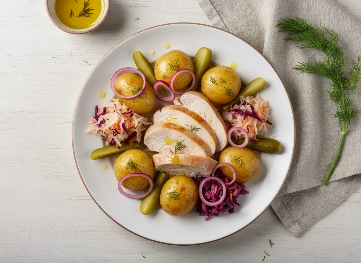 Boiled Chicken with Potatoes and Pickled Vegetables photo