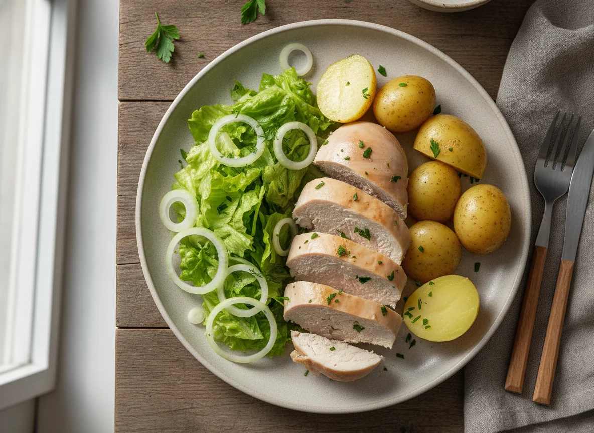 Boiled chicken with potatoes and salad photo