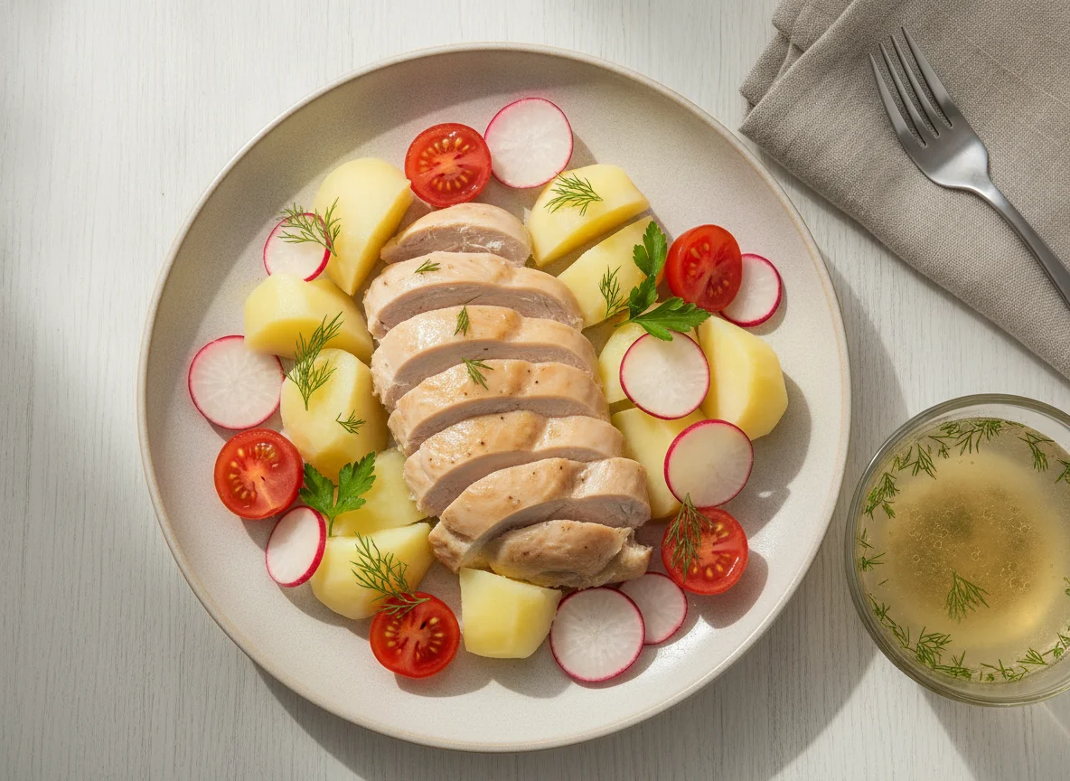 Boiled chicken with potatoes and tomatoes photo