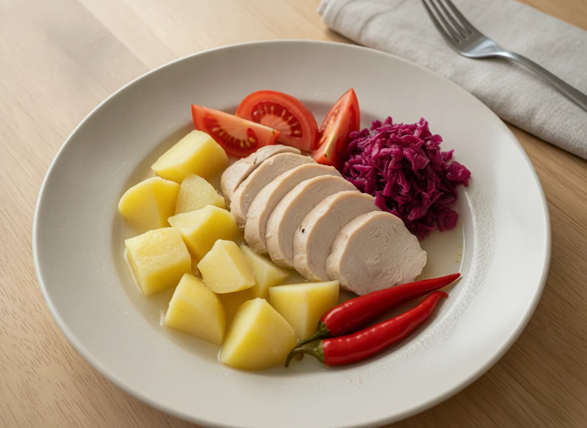 Boiled chicken with potatoes and vegetables photo