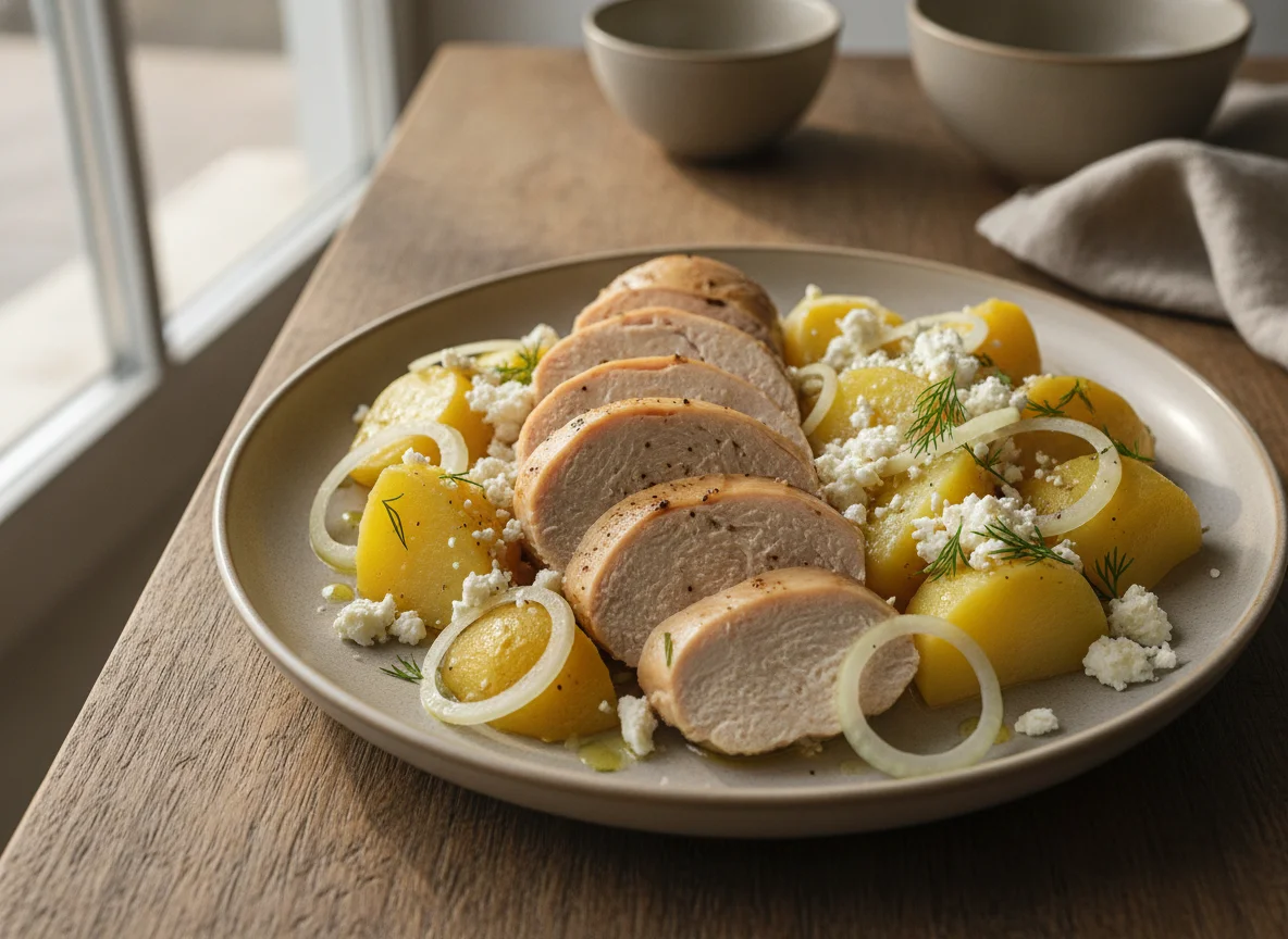 Boiled chicken with potatoes, feta cheese and onion photo