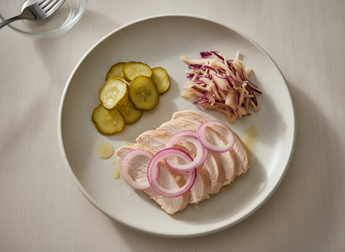 Boiled chicken with red onion and pickled vegetables photo
