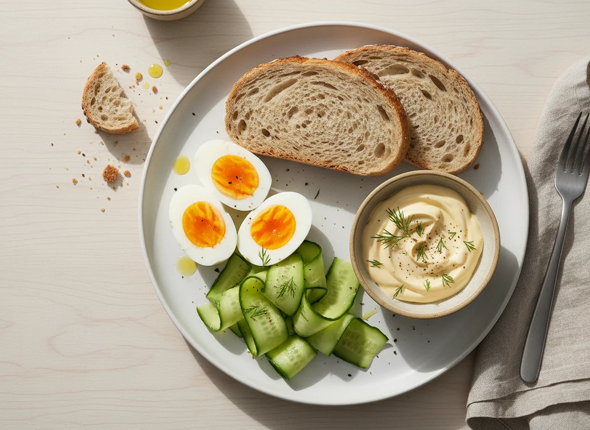 Boiled Egg and Cucumber Plate with Bread and Dip photo