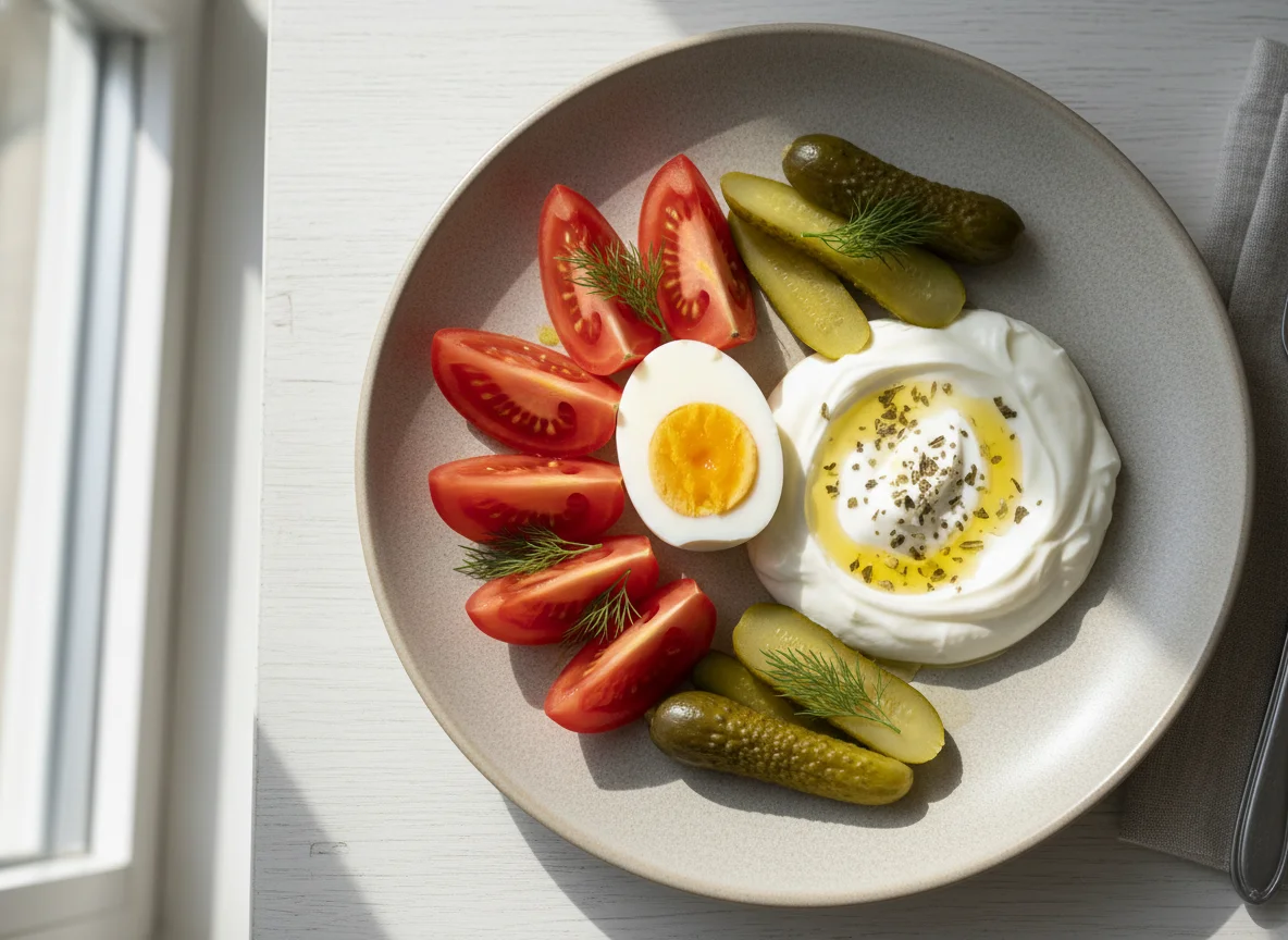 Boiled Egg and Vegetable Plate with Greek Yogurt photo