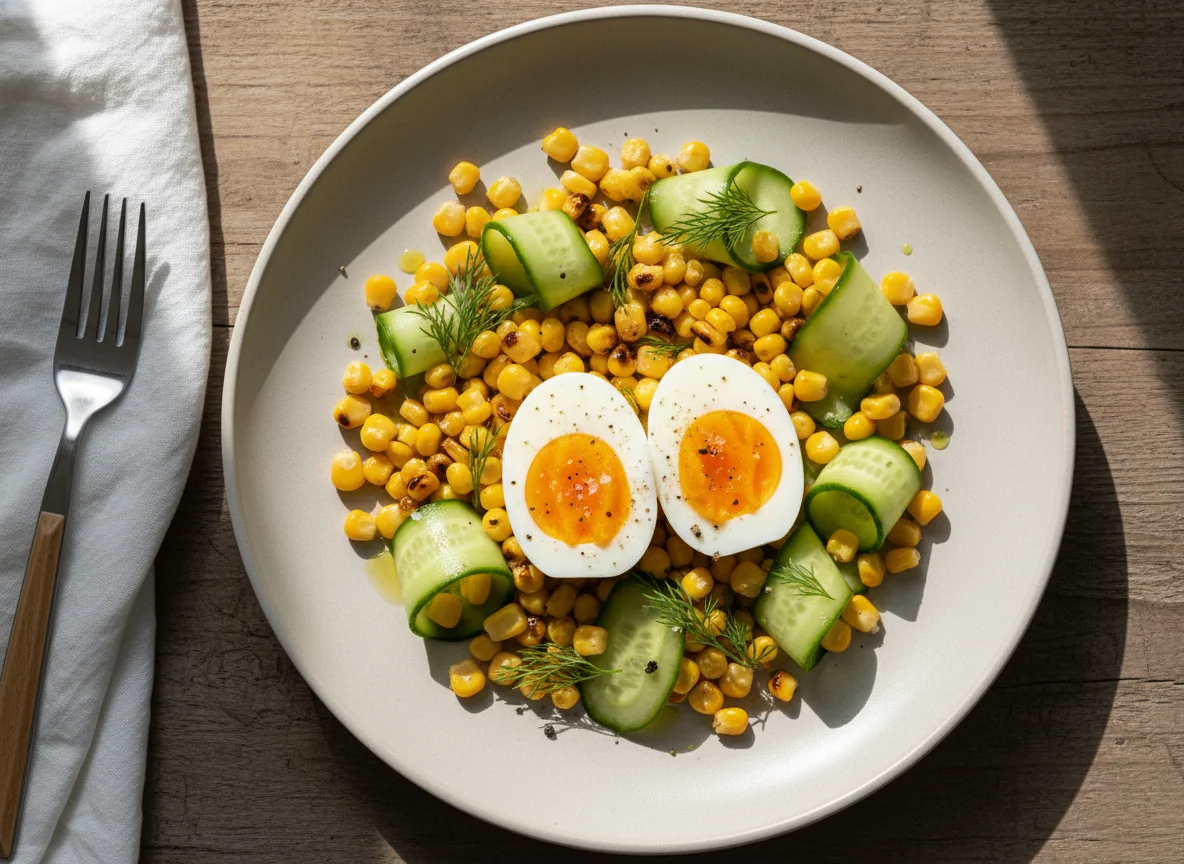 Boiled Egg, Corn, and Cucumber Plate photo