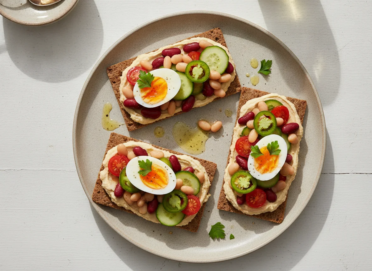 Boiled egg salad with hummus on crispbread photo