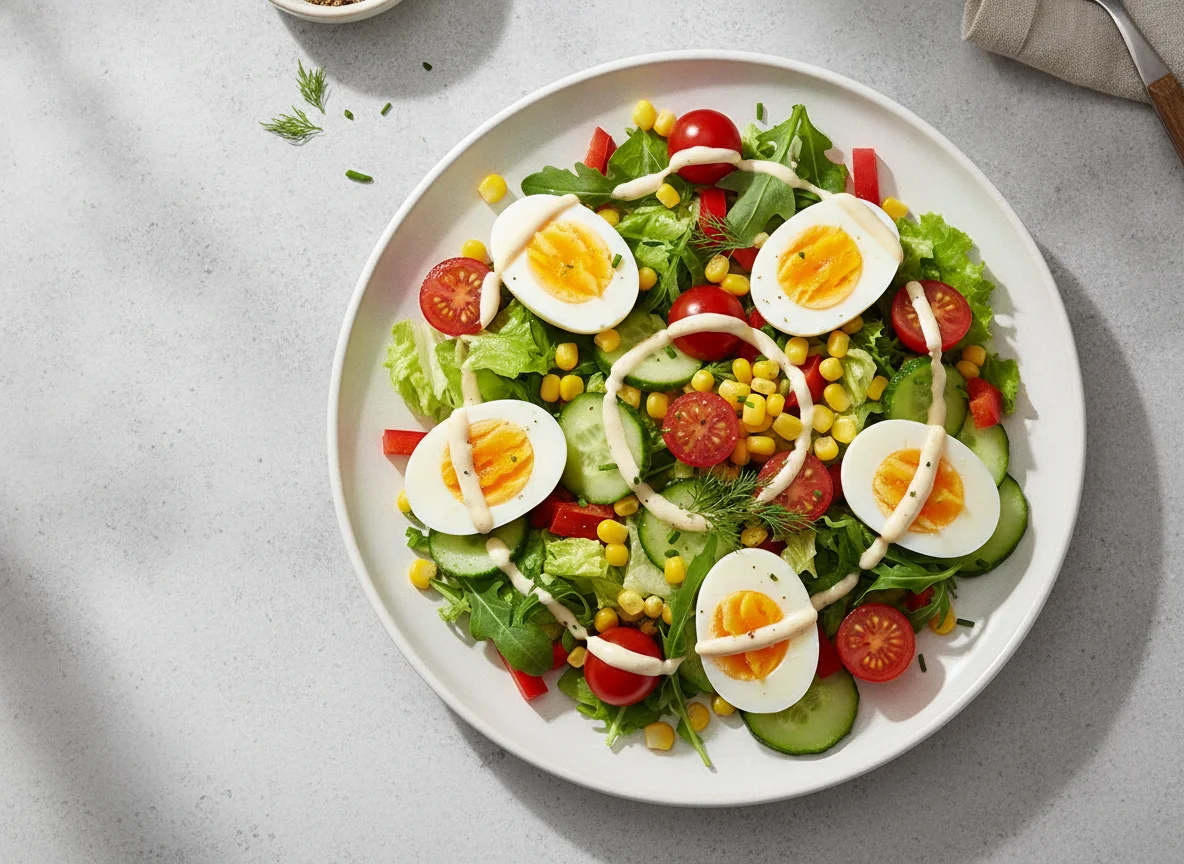 Boiled Egg Salad with Mixed Vegetables and Dressing photo