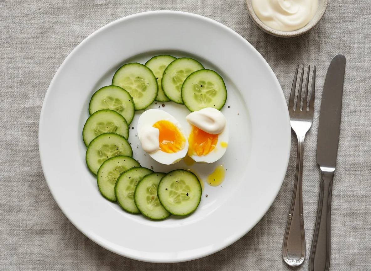 Boiled egg with cucumber slices photo