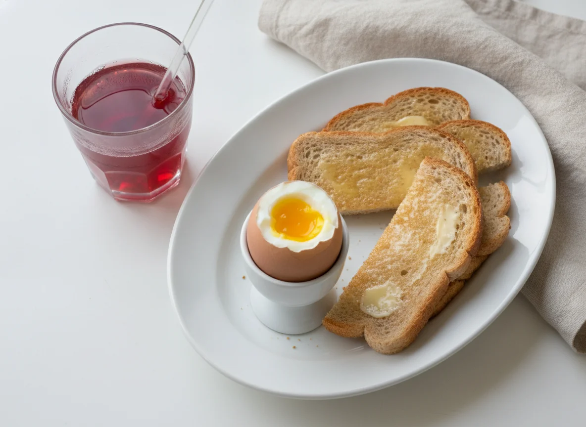 Boiled egg with toast soldiers and diet cranberry juice photo