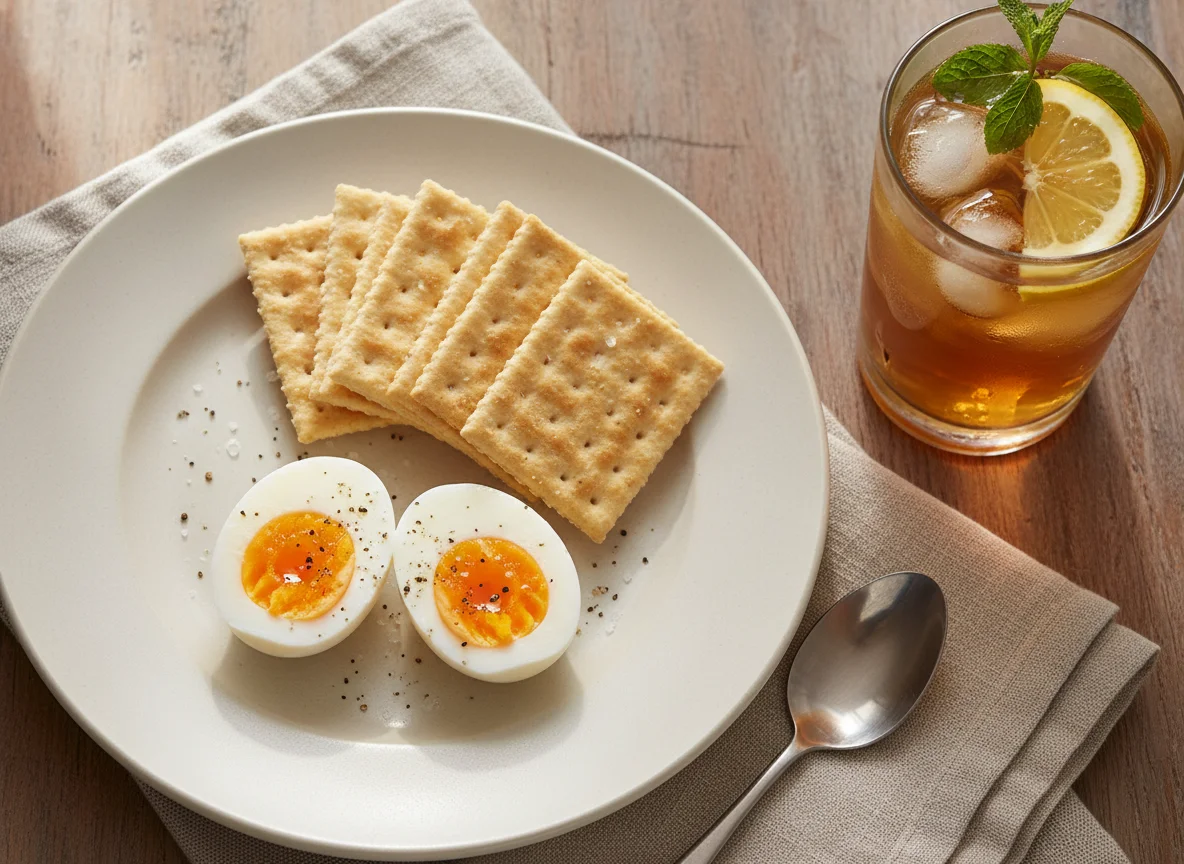 Boiled Eggs and Crackers with a Drink photo