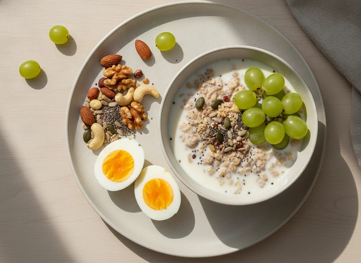 Boiled Eggs and Muesli with Milk and Grapes photo
