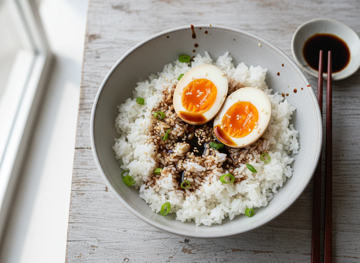 Boiled Eggs and Rice with Soy Sauce photo