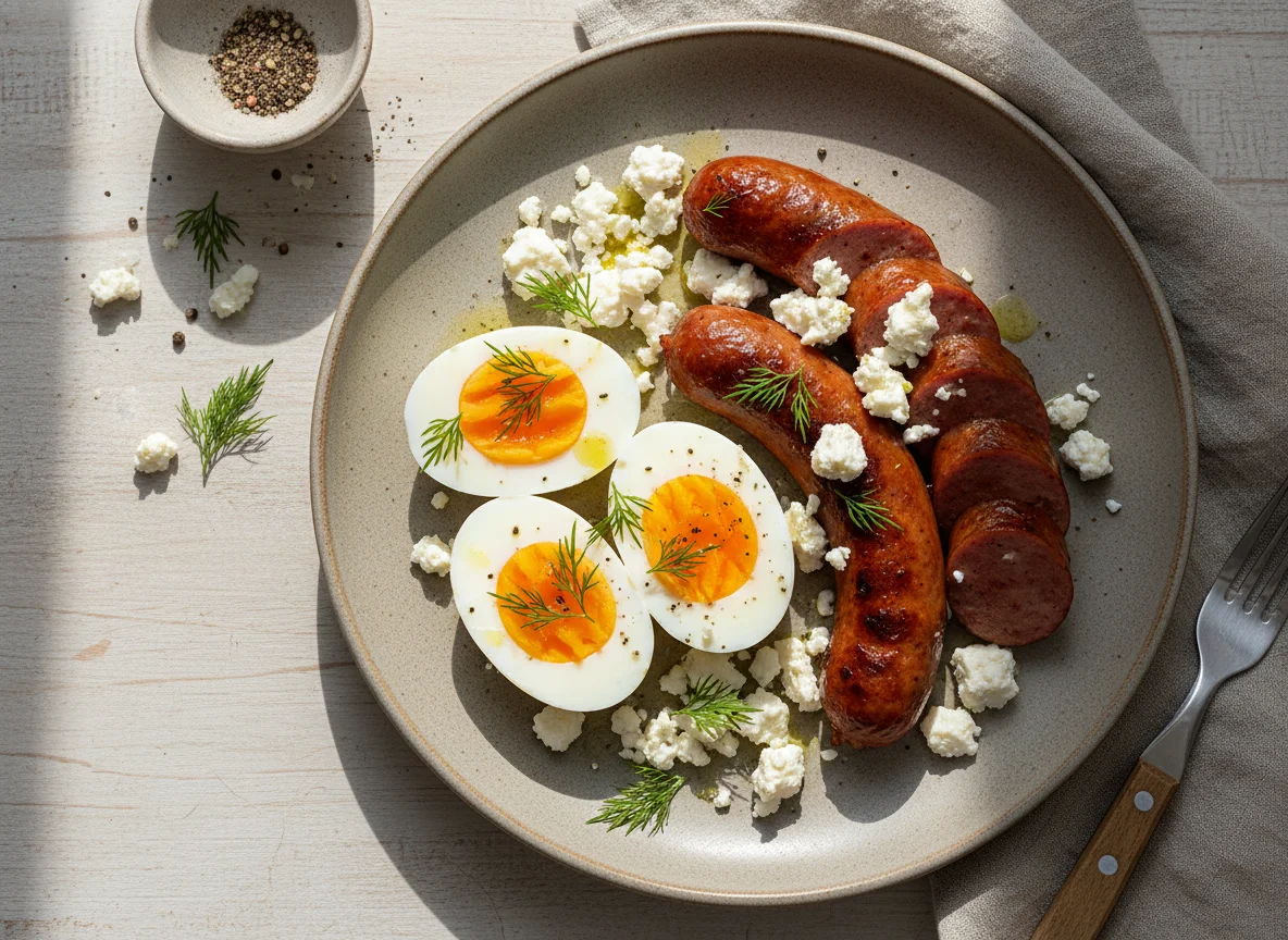 Boiled Eggs and Sausage with Feta photo