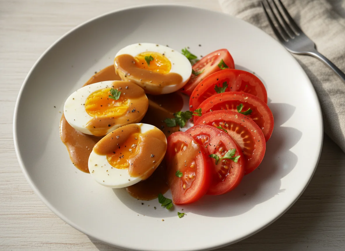 Boiled Eggs and Sliced Tomatoes with Sauce photo