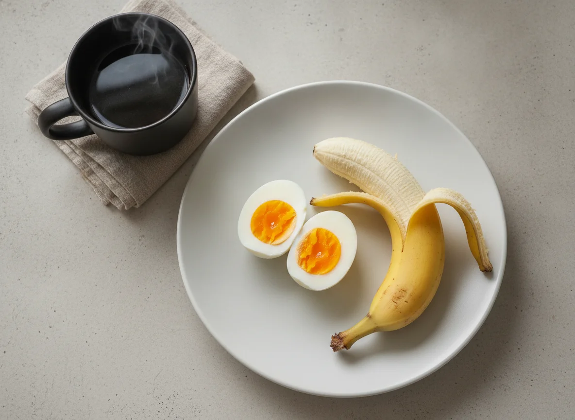 Boiled eggs, banana, and black coffee photo