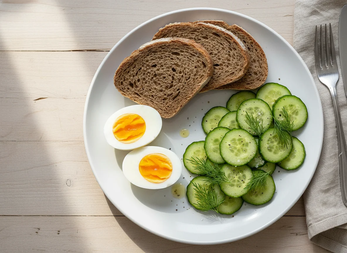 Boiled Eggs, Brown Bread and Cucumber Salad photo