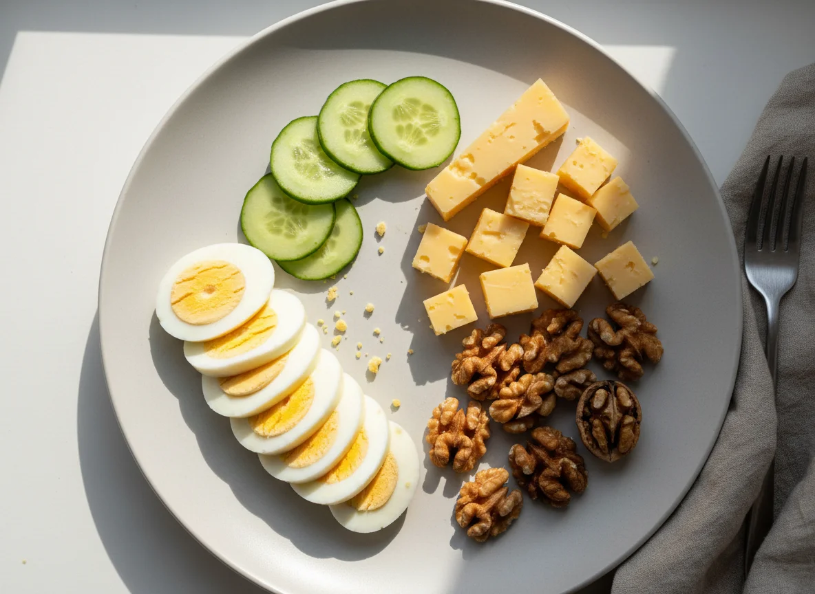 Boiled Eggs, Cheese, Cucumber, and Walnuts photo