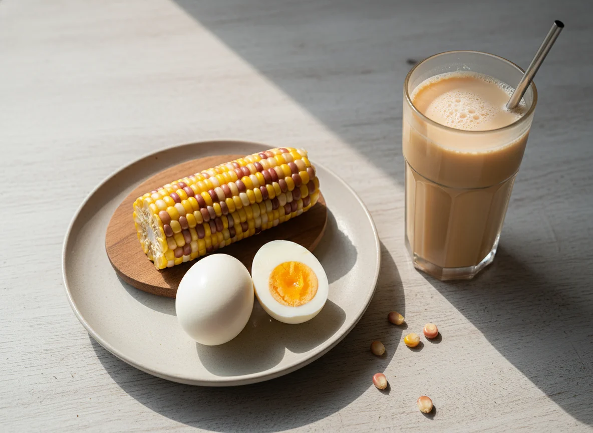 Boiled Eggs, Corn, and Milk Tea photo
