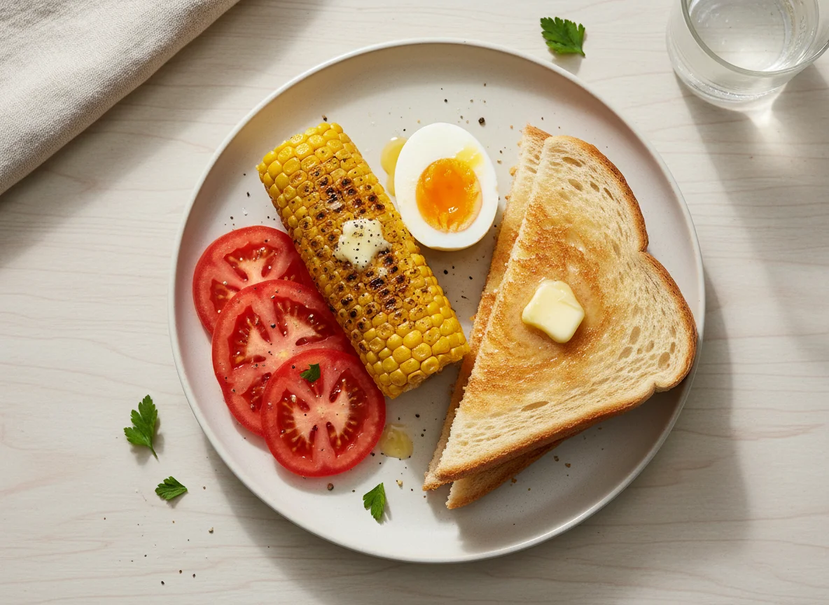 Boiled eggs, corn on the cob, tomato and toasted sandwich photo