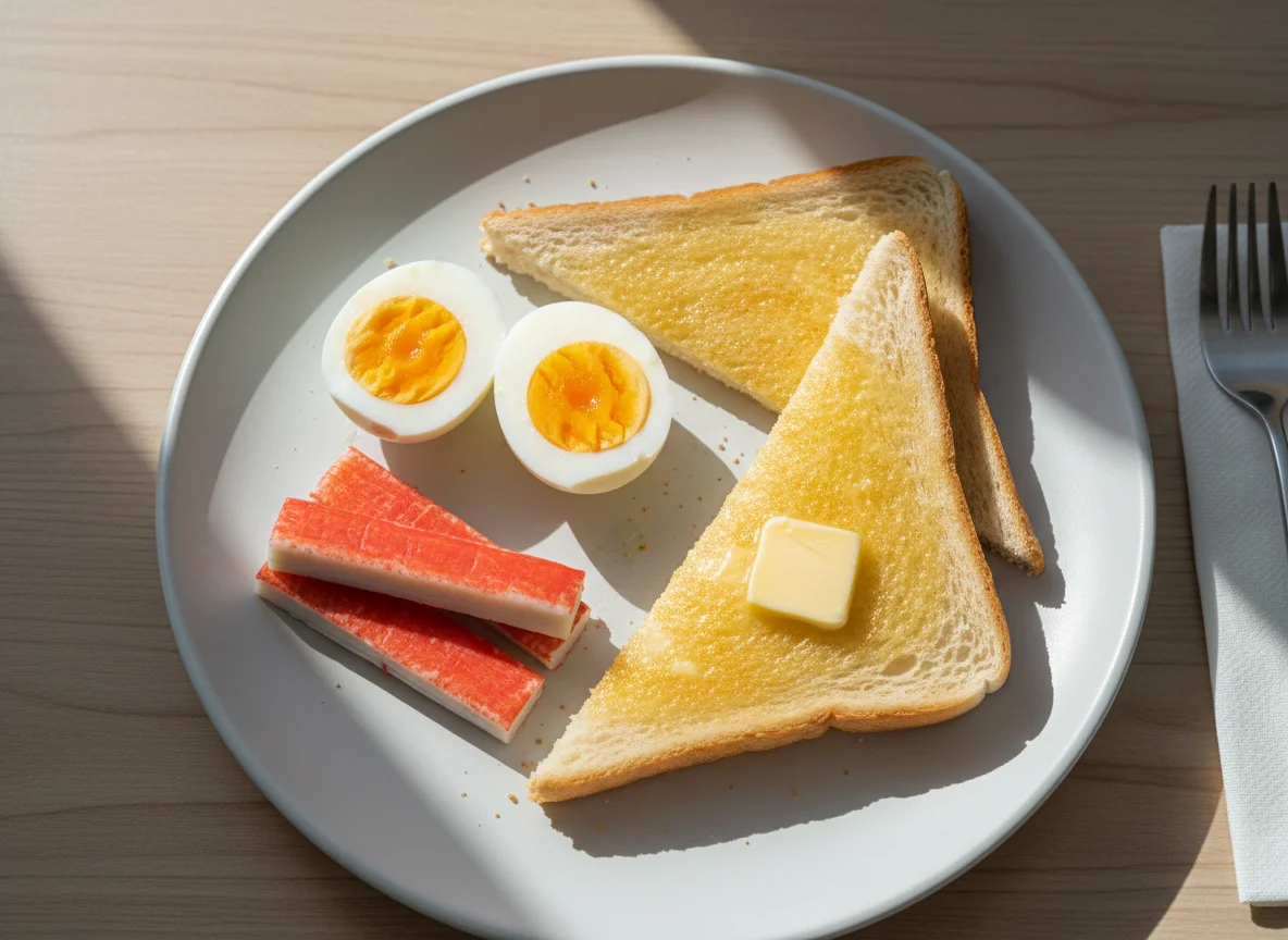 Boiled Eggs, Crab Sticks and Buttered Toast photo
