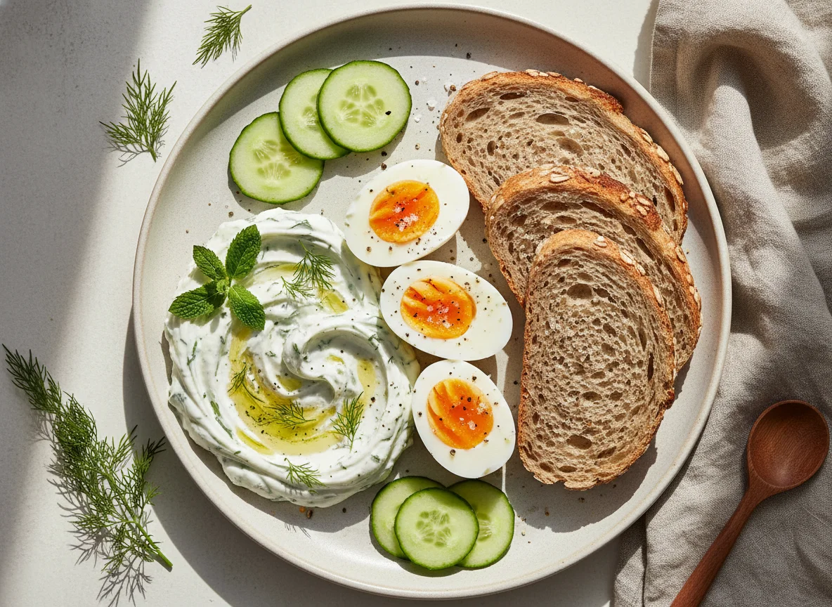 Boiled Eggs, Cucumber, Bread and Yogurt Dip photo