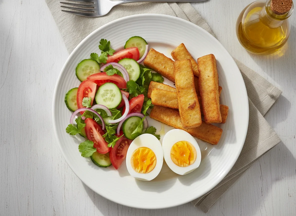 Boiled Eggs, Fried Yam, and Fresh Vegetable Salad photo