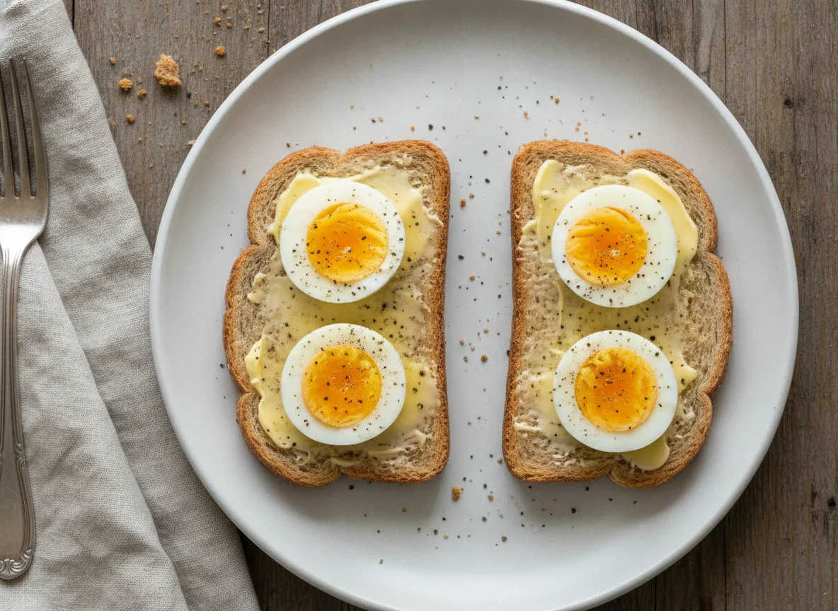 Boiled eggs on buttered toast photo