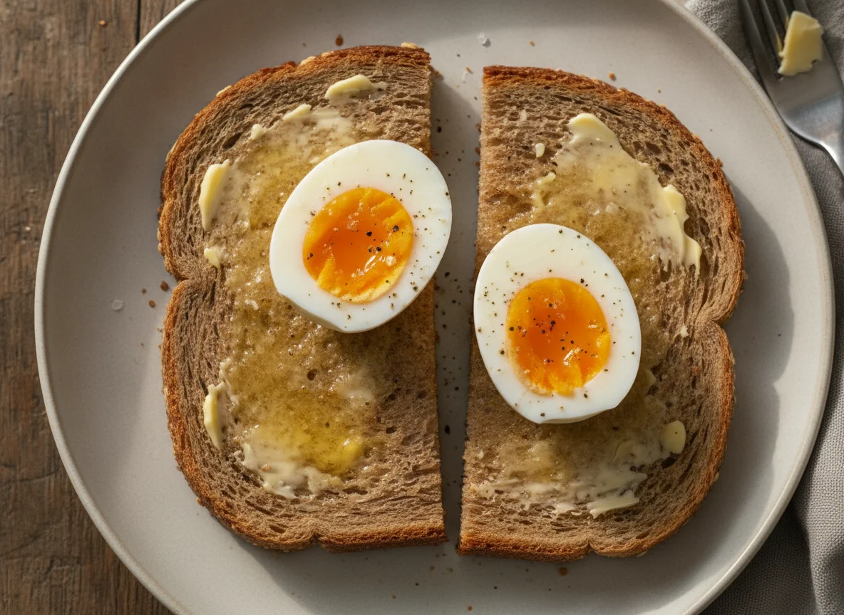 Boiled eggs on buttered wholemeal toast photo