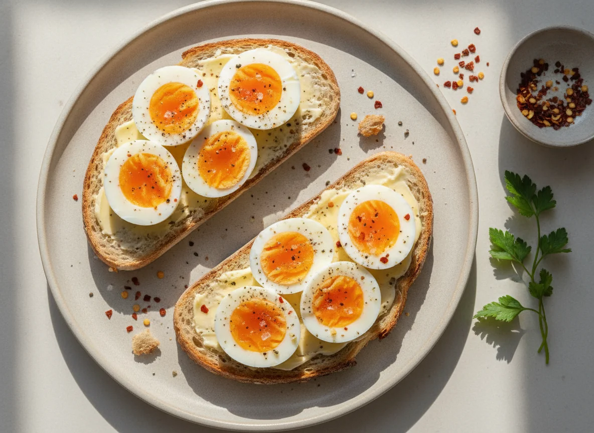 Boiled eggs on sourdough toast photo