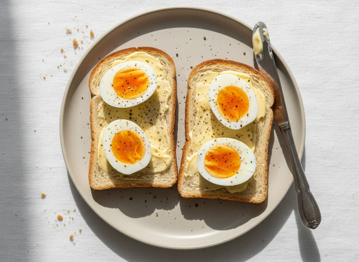Boiled Eggs on Toast with Butter and Pepper photo