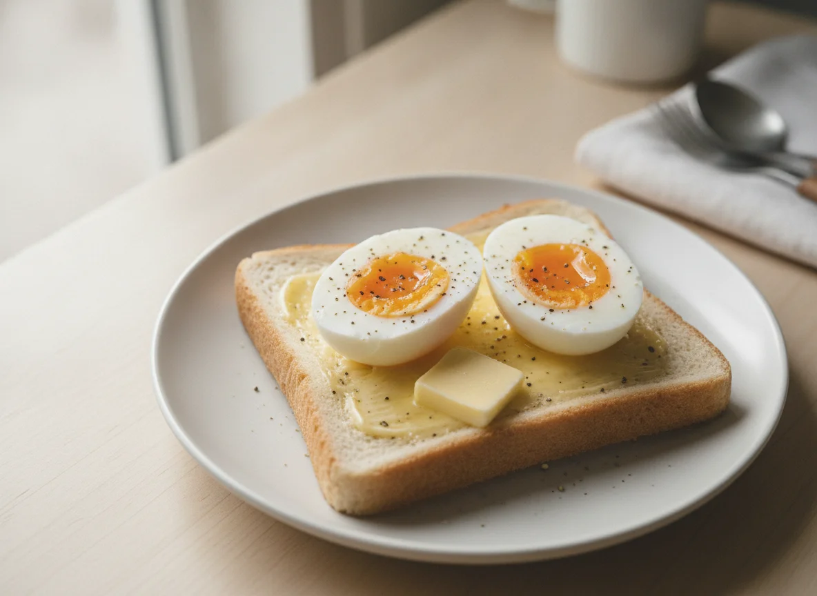 Boiled eggs on white toast photo