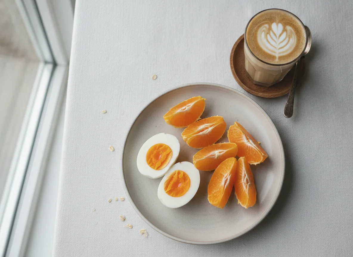 Boiled eggs, orange, and oat milk latte photo