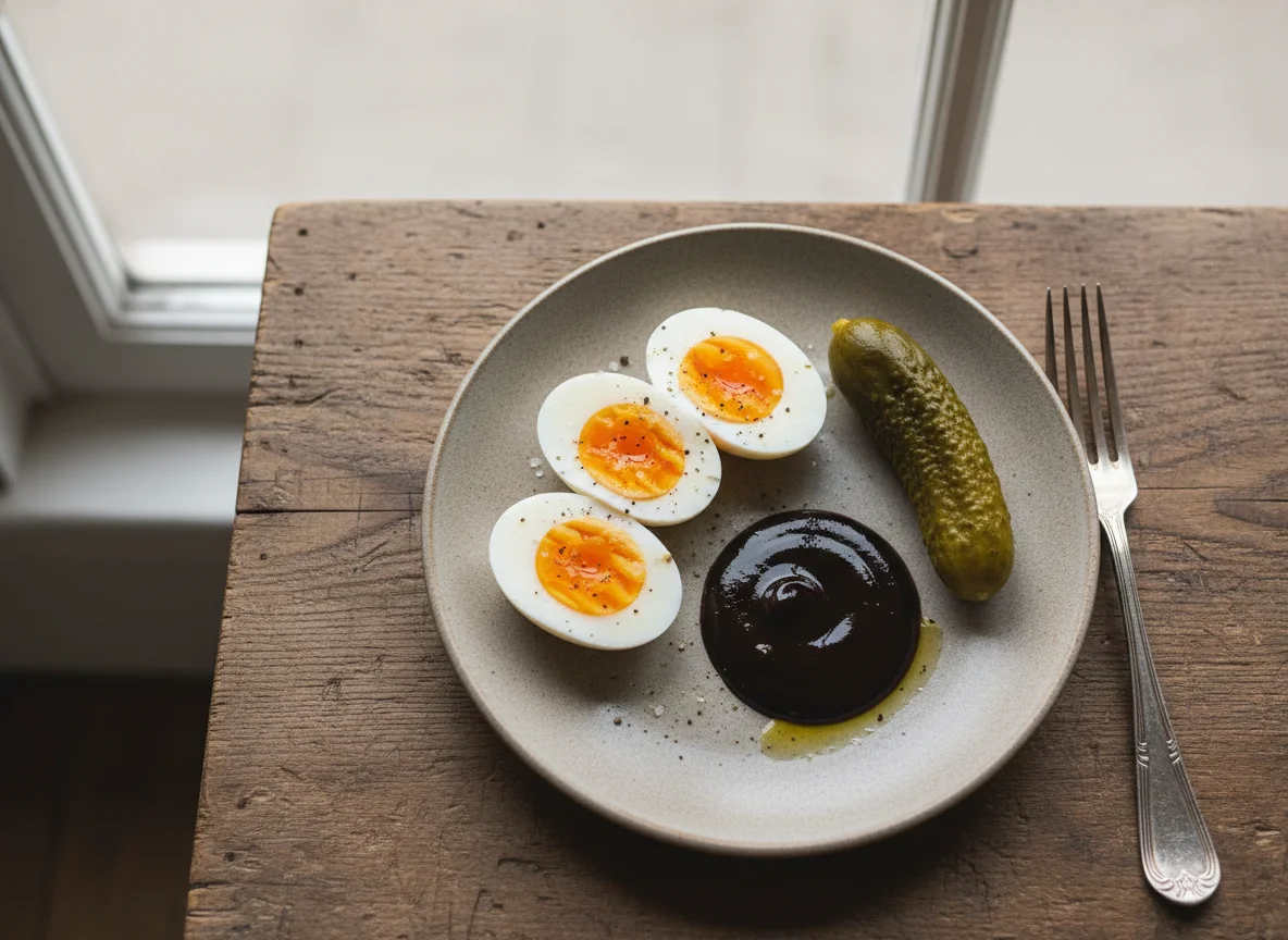 Boiled Eggs, Pickle, and Dark Sauce photo
