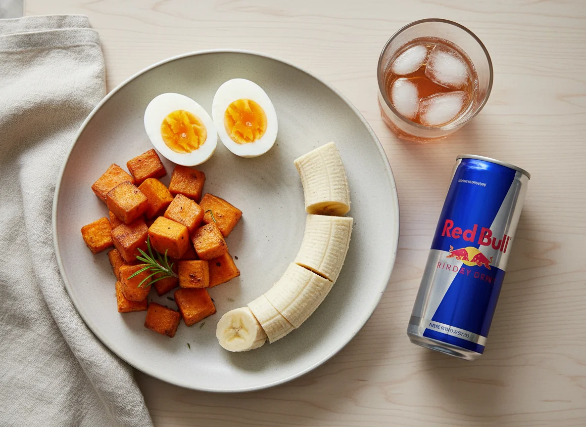 Boiled Eggs, Sweet Potato, Banana, and Energy Drink photo