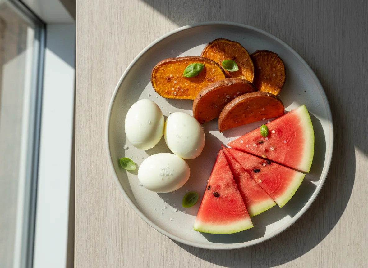 Boiled Eggs, Sweet Potatoes, and Watermelon photo